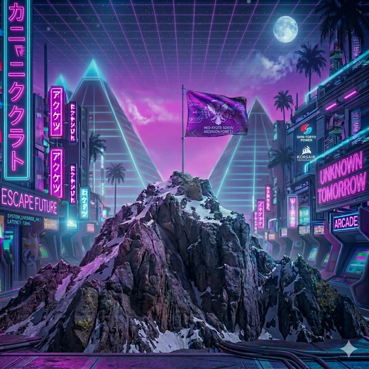 0x156 synthwave cover art — purple neon arcade skyline, holographic flag on a rocky peak, futuristic pyramids under a purple sky